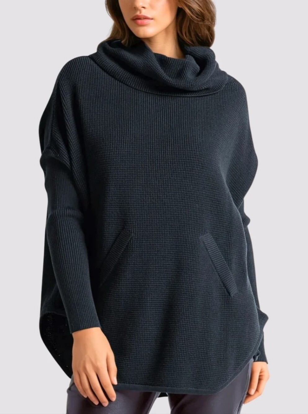 Planet By Lauren G Favorite Waffle Cowl Poncho Top Midnight One Size Black